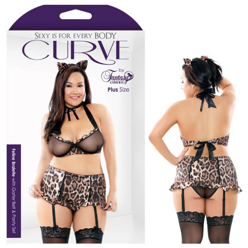 Fantasy Lingerie Curve Feline Bralette With Garter Belt & Panty Set 3X/4X
